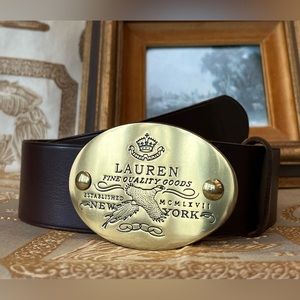 Royal Crown RALPH LAUREN Wide Leather Belt with Oval Brass New York Buckle, S
